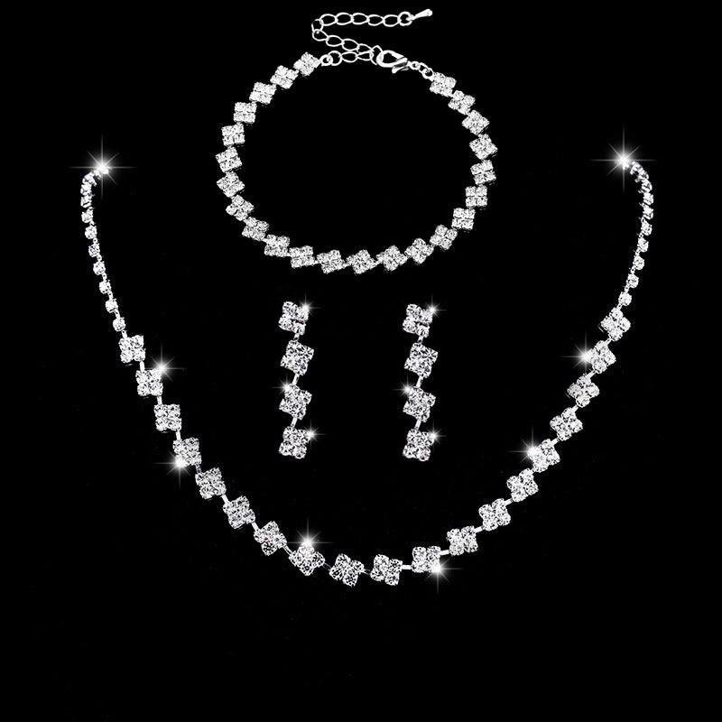 Simple Shiny Jewelry Set Square Shape Rhinestones Choker Necklace & Drop Earrings & Chain Bracelet Crystal Bridal Jewelry Set