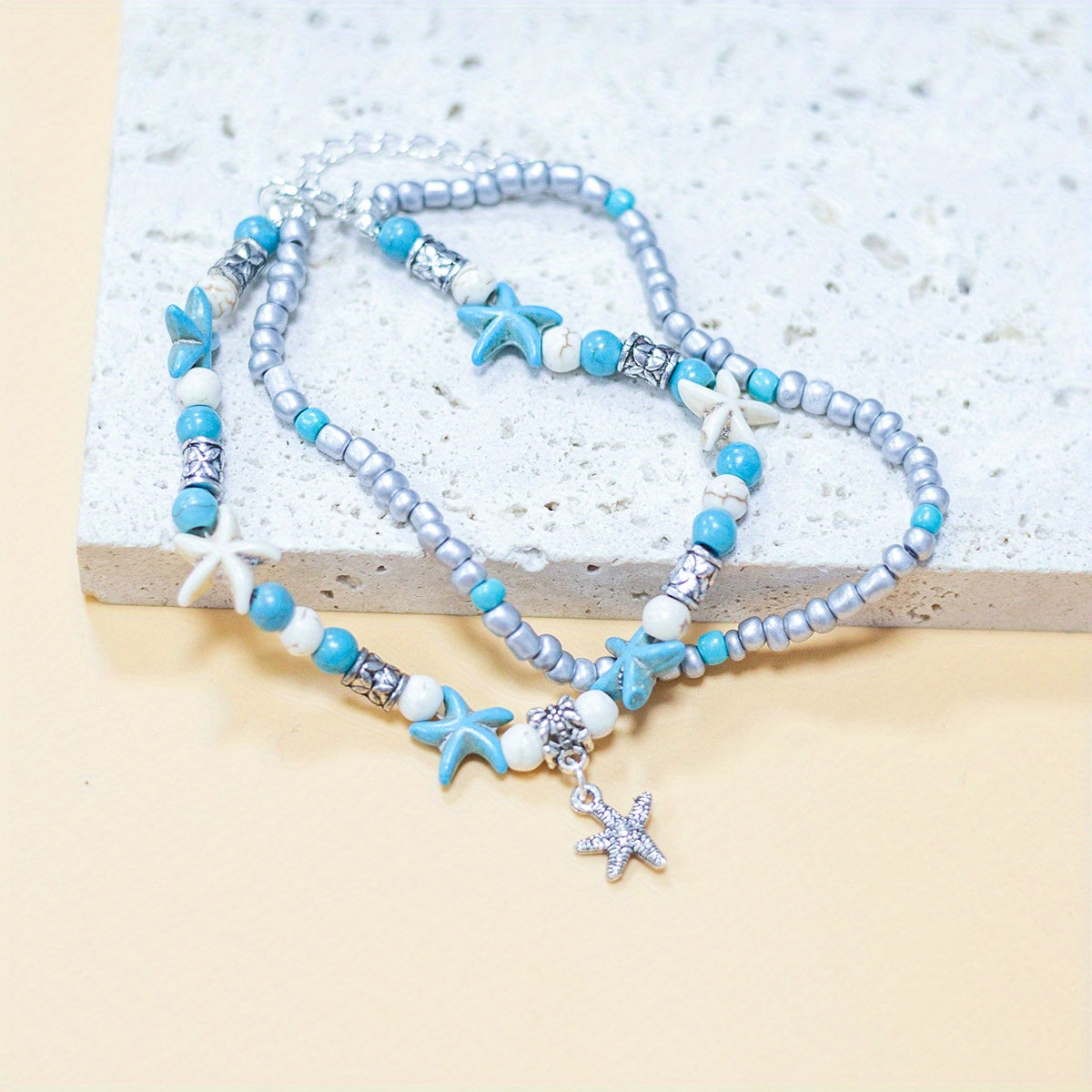 Add a Touch of Beachy Charm with our Colorful Beaded Anklet Chain - Featuring Starfish and Turtle Charms, Adjustable Size, Perfect for Women and Girls