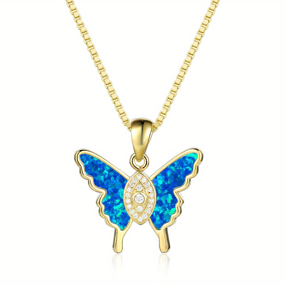 Opal Butterfly With Eye Shape Pendant Necklace, 18K Gold Plated Animal Design Neck Jewelry Accessories For Girls Gift