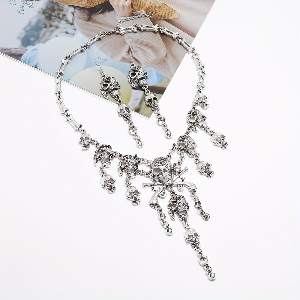 3pcs Earrings Plus Necklace Gothic Style Jewelry Set Vintage Skull Pendant Evening Party Decor Perfect Halloween Accessories For Female