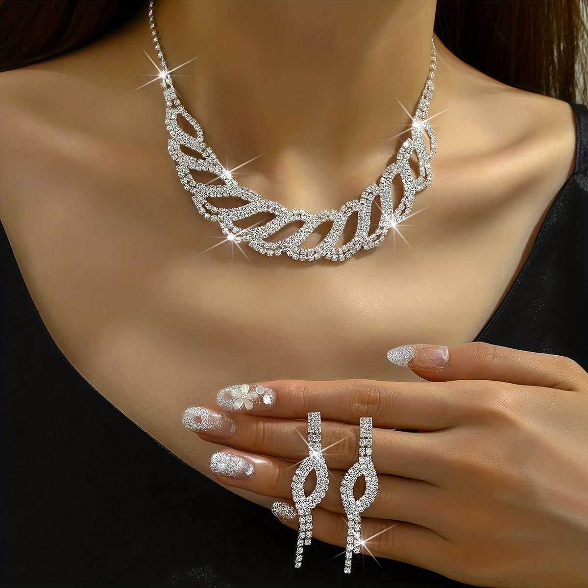3pcs Earrings Plus Necklace Elegant Jewelry Set Silver Plated Inlaid Rhinestone Dainty Evening Party Cocktail Party Decor