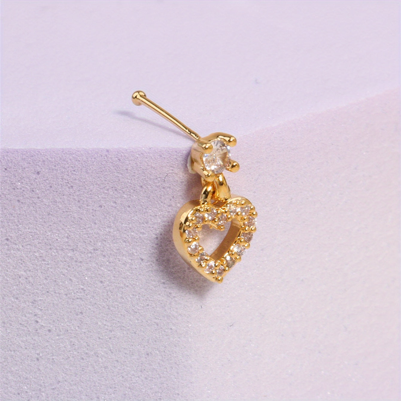 Hollow Love Heart Pendant Nose Stud Ring Inlaid Shiny Zircon For Women Body Piercing Jewelry