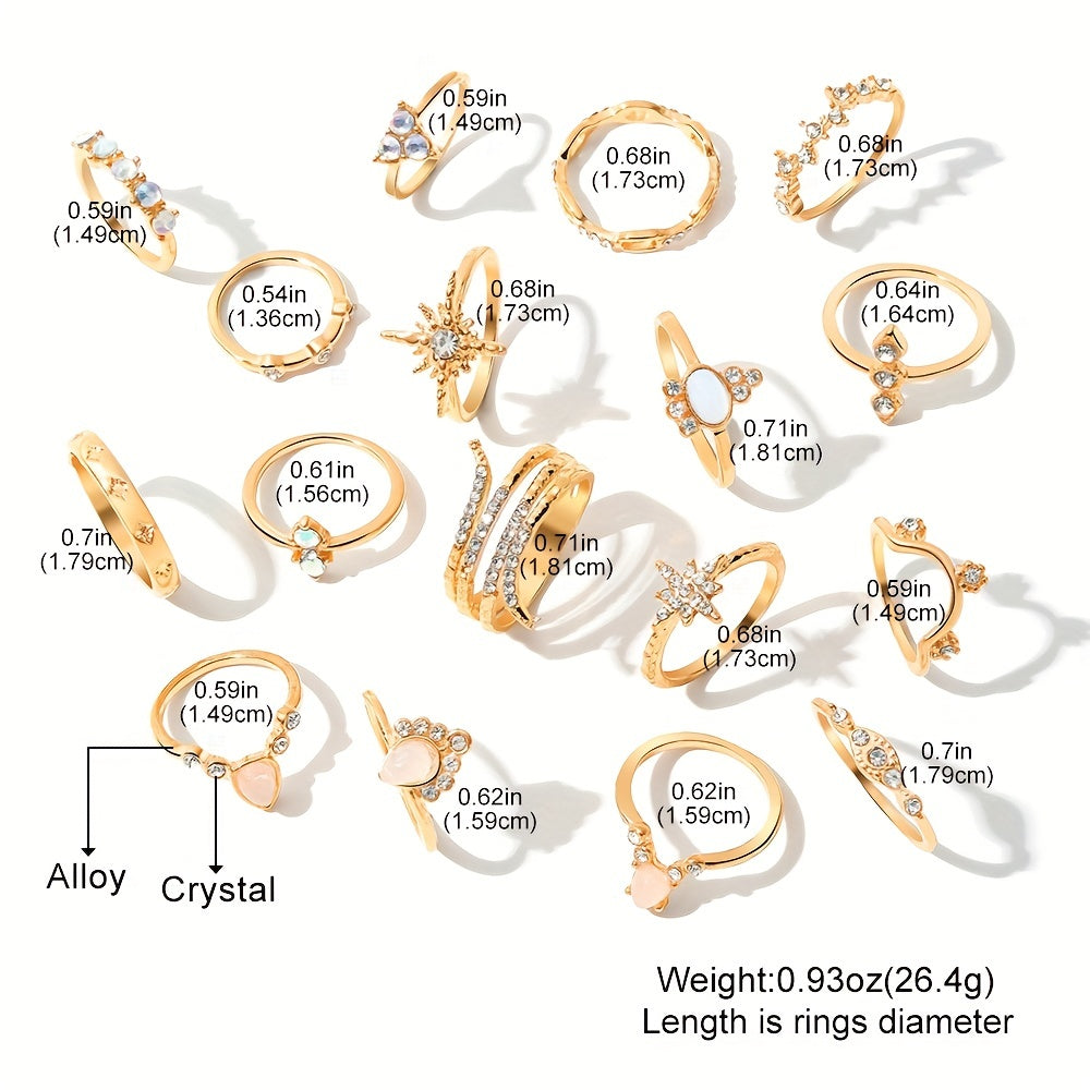 Boho Golden Ring Set Inlaid Rhinestones Stackable Jewelry For Female Trendy Patterns Crown Flower Perfect Decor For Party