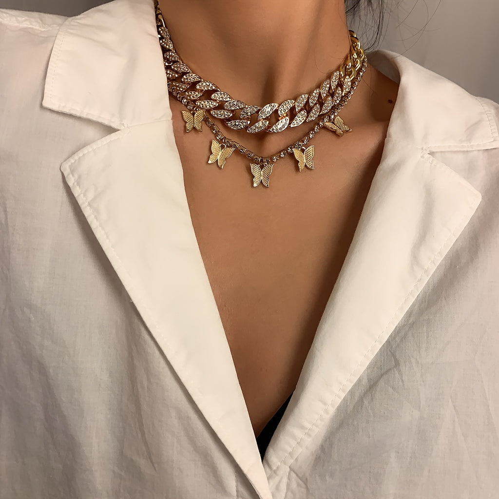 Vintage-Inspired Rhinestone Butterfly Necklace Set - Perfect for Holiday Style!