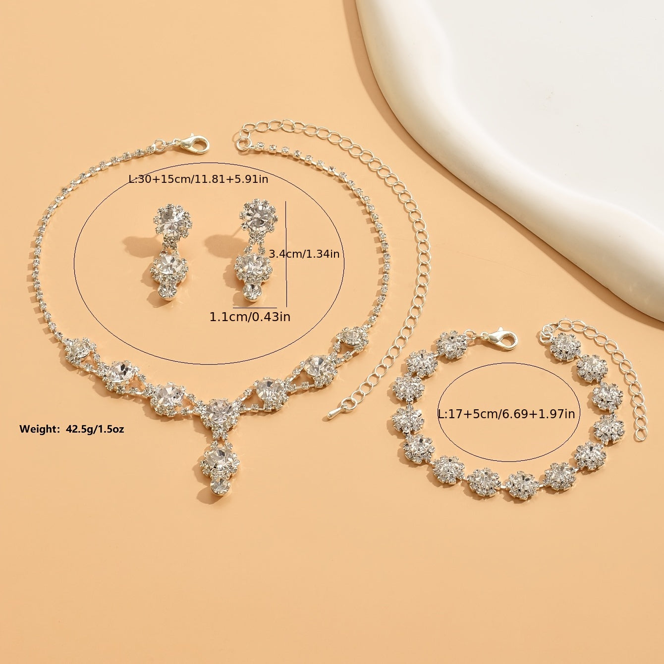 4pcs Necklace Bracelet Plus Earrings Elegant Jewelry Set Silver Plated Inlaid Rhinestone Engagement Wedding Jewelry Evening Party Decor