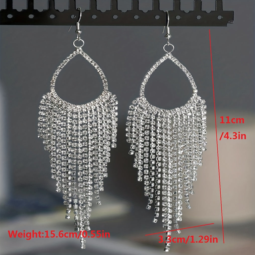 Gorgeous Rhinestone Tassel Dangle Earrings - Boho Elegant Style Zinc Alloy Silver Plated Jewelry for Weddings