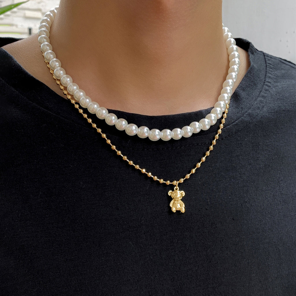 1 Piece Men's Simple Bear Pendant Pearl Multilayer Beaded Necklace