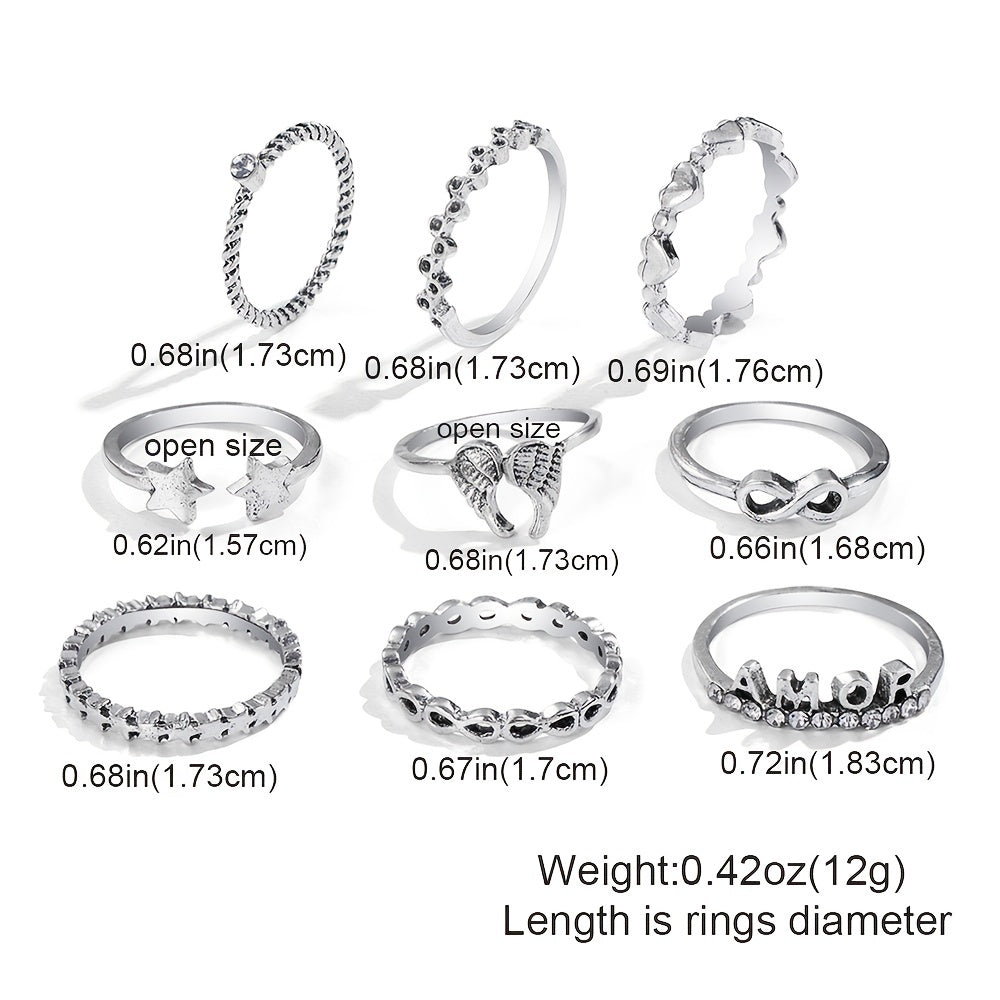 Complete Your Vintage Look with our 9-Piece Silver Wing Heart Star Letter Rhinestone Ring Set - Adjustable and Heart Shaped Jewelry for a Perfect Fit!