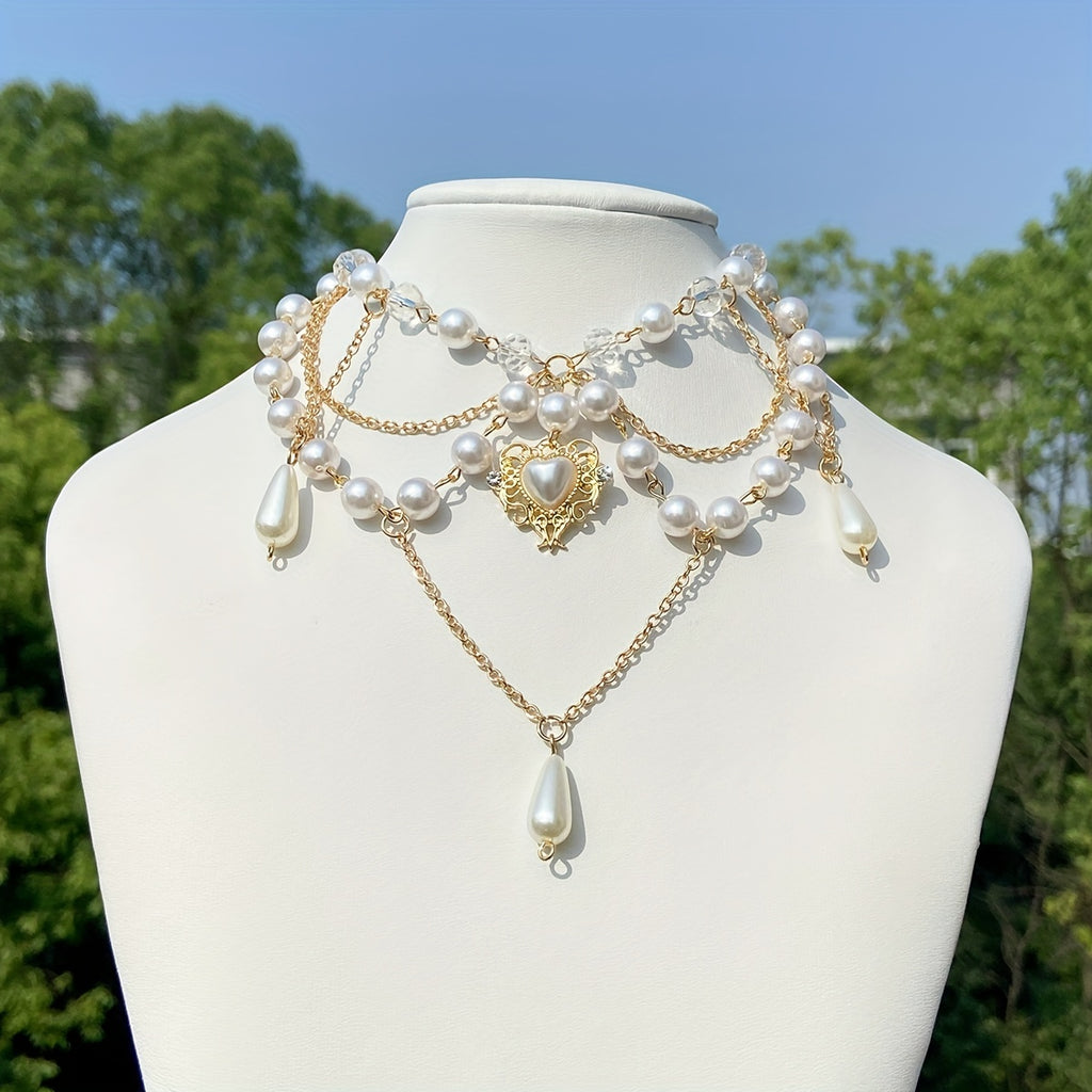 Baroque Vintage Multilayer Tassel Crystal Hollow Love Heart Pendant With Teardrop Shape Faux Pearl Necklace, Women's Holiday Accessories