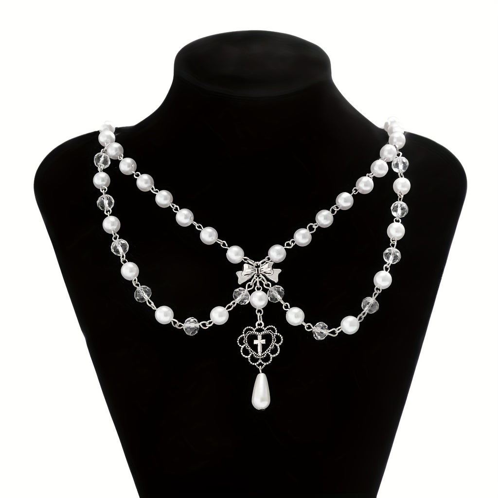 Hollow Out Bow Design Necklace Y2K Faux Pearl Necklace Vintage Tassel Multilayer Necklace For Women Girls
