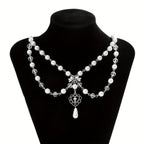 Hollow Out Bow Design Necklace Y2K Faux Pearl Necklace Vintage Tassel Multilayer Necklace For Women Girls