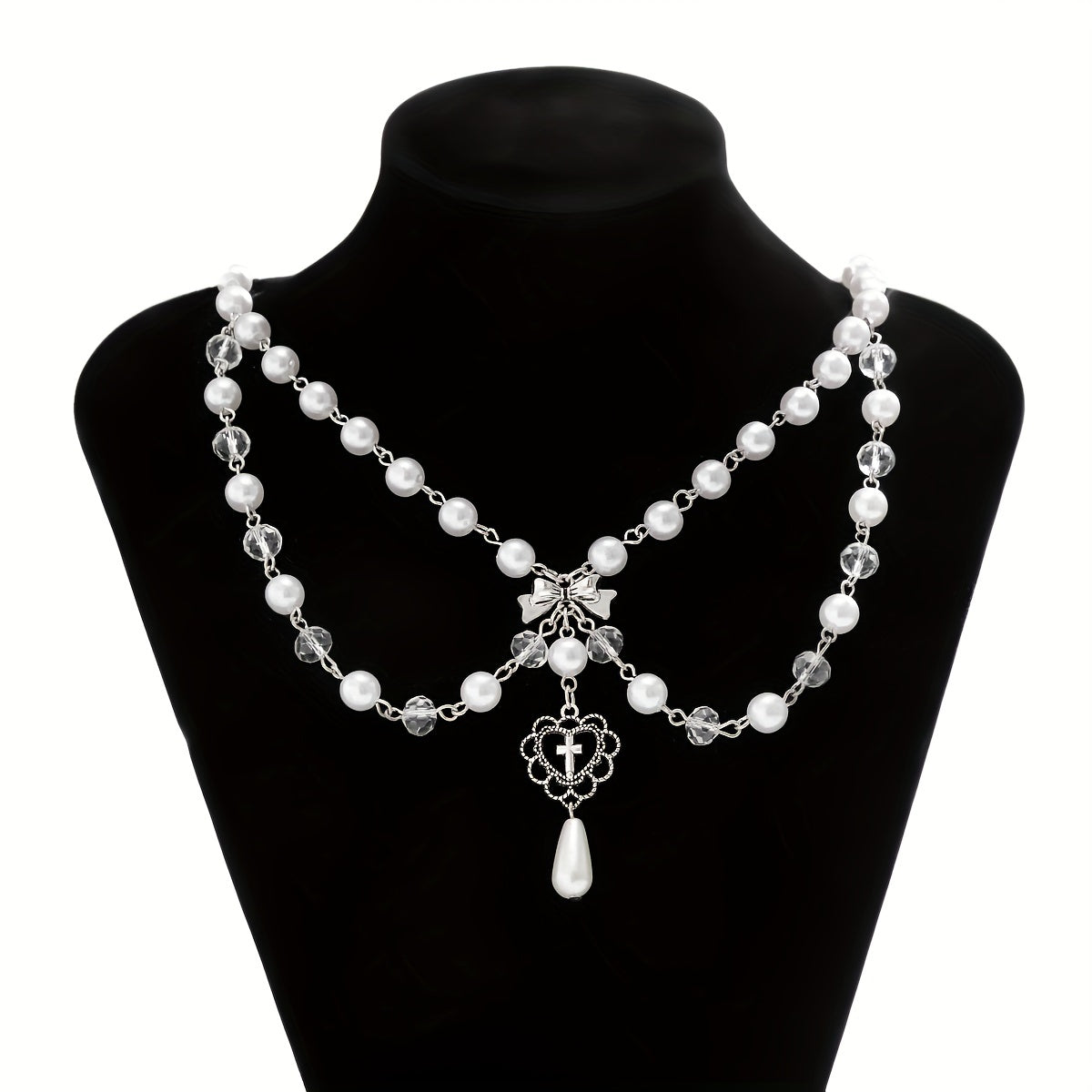 Hollow Out Bow Design Necklace Y2K Faux Pearl Necklace Vintage Tassel Multilayer Necklace For Women Girls