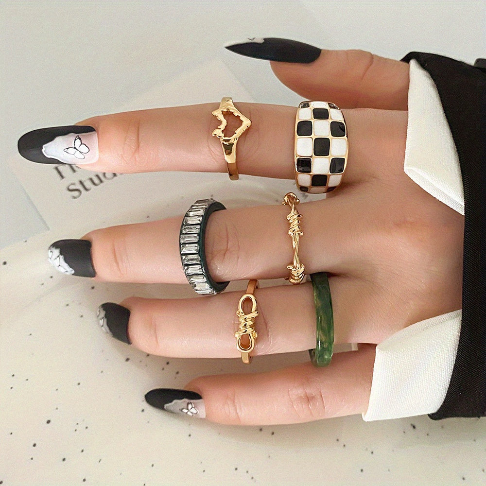 6 Pcs Oval Green Gemstone Geometric Metal Ring Kit,Gift For Women Girls