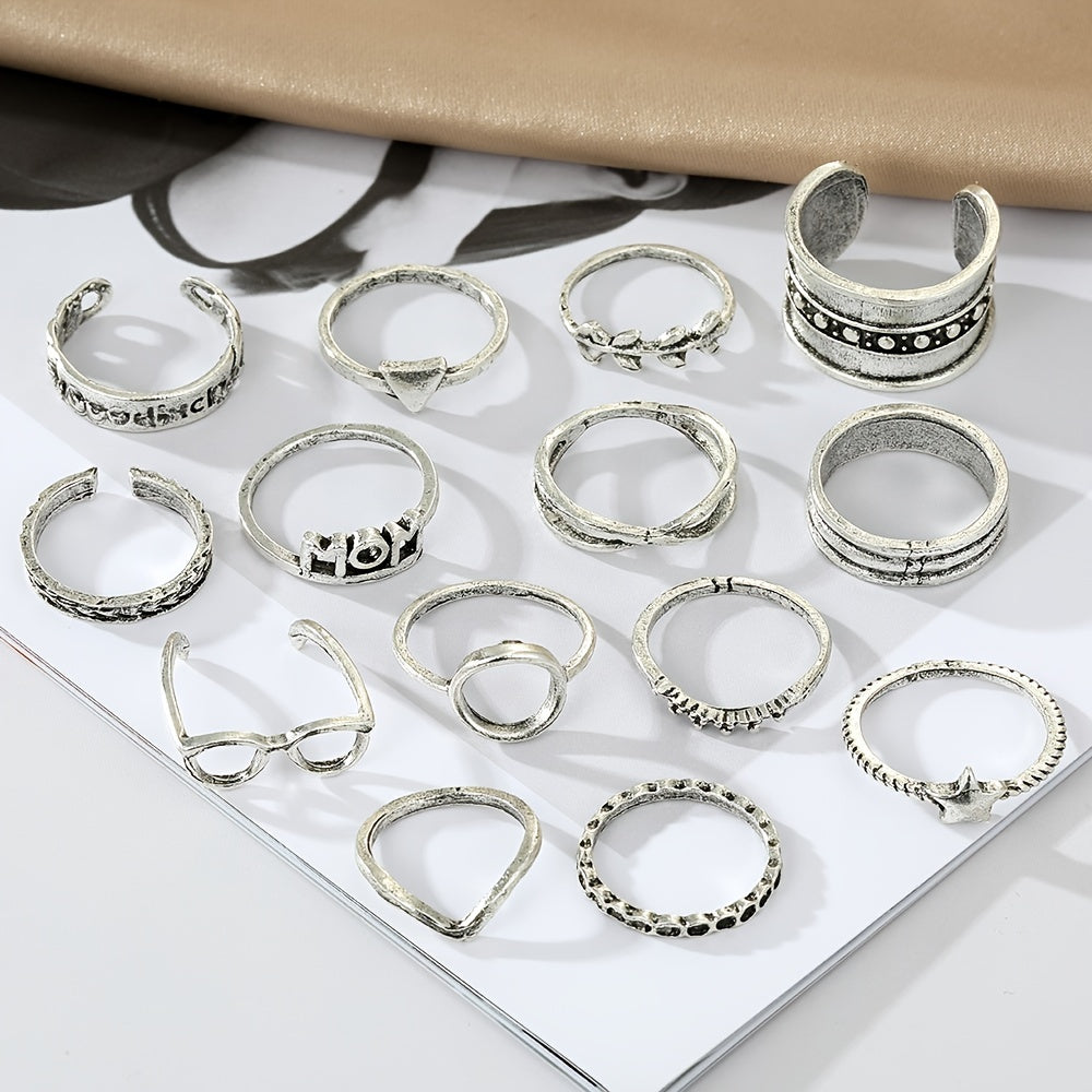 14 Pieces Star Leaf Circle Geometric Alphabet Ring Set Women's Fashion Jewelry Set