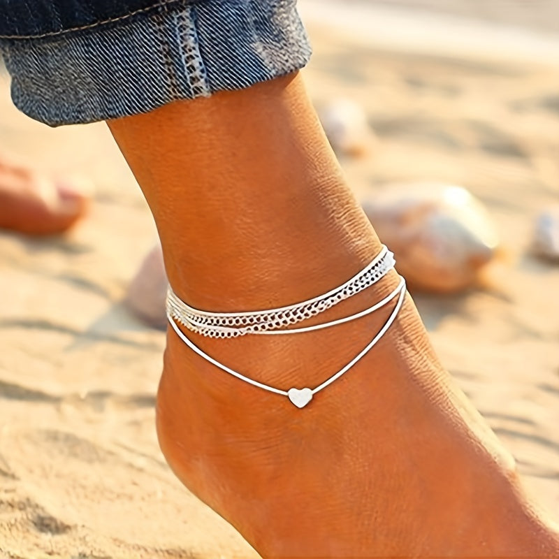 Bohemian Layered Delicate Anklet With Love Heart Shape Beads Simple Ankle Bracelet