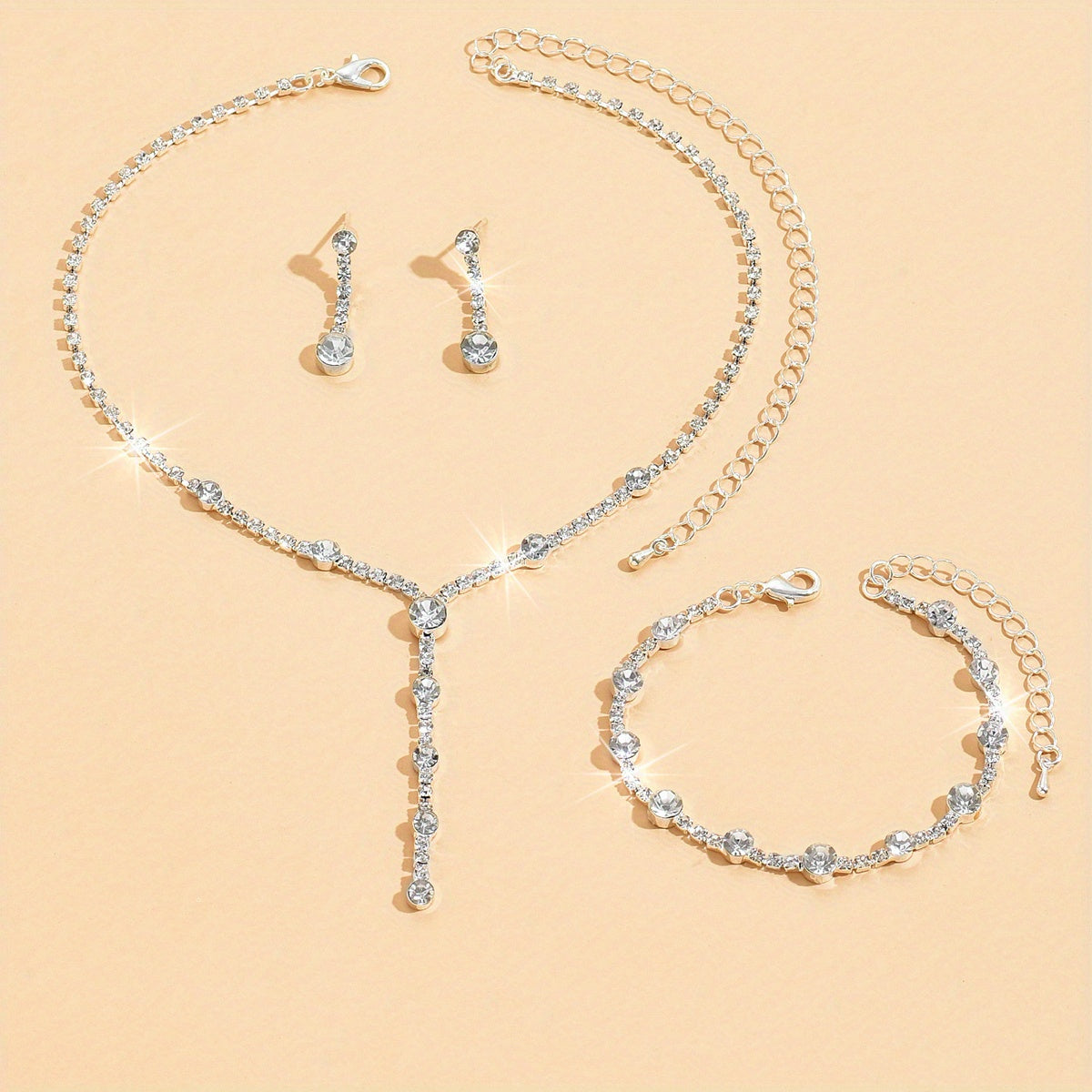 4pcs Necklace Earrings Plus Bracelet Elegant Jewelry Set Silver Plated Inlaid Rhinestone Match Daily Outfits Dainty Cocktail Party Accessories