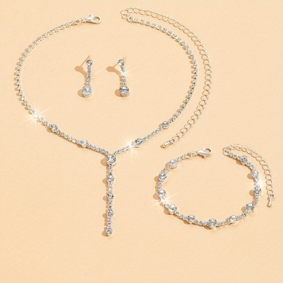 4pcs Necklace Earrings Plus Bracelet Elegant Jewelry Set Silver Plated Inlaid Rhinestone