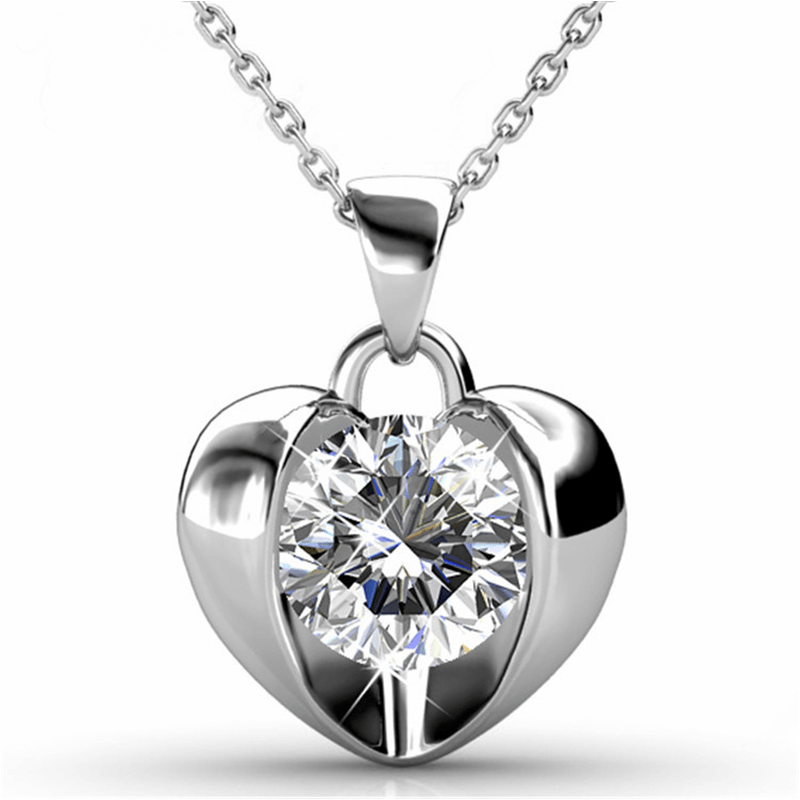 1ct Round Moissanite Heart Shaped Crystal Pendant White Gold Plated Necklace Jewelry Gift For Woman Girls