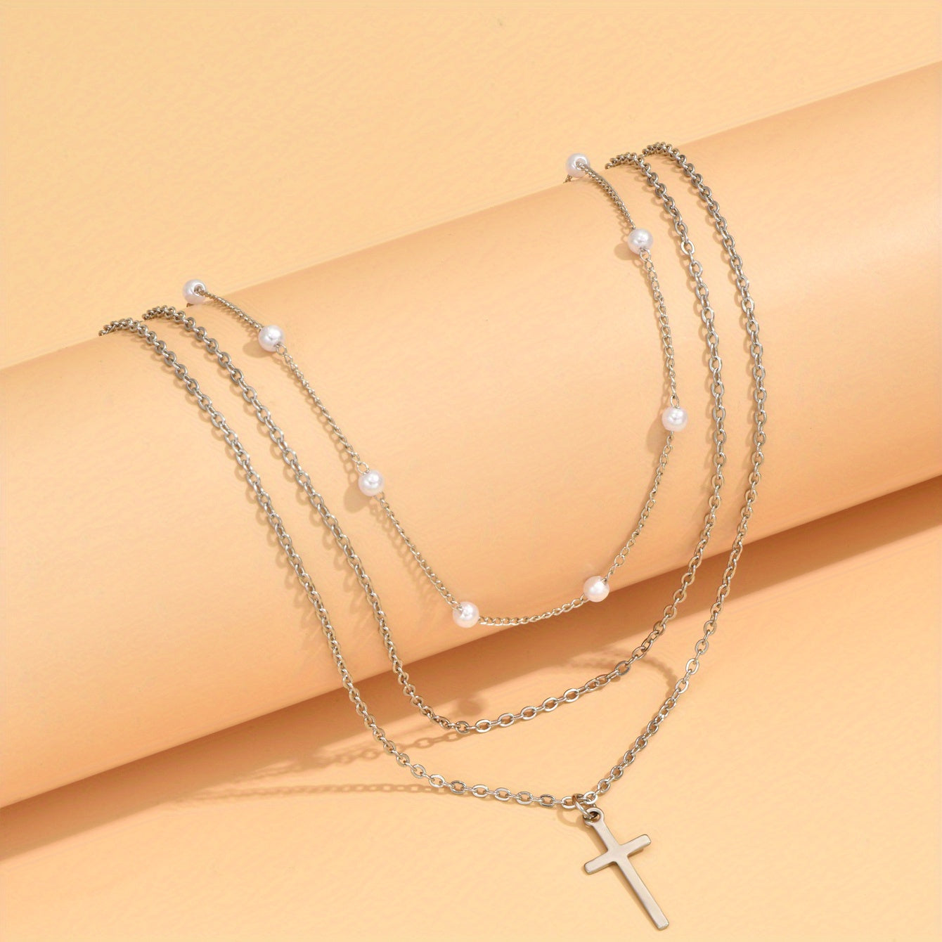 Elegant Layered Necklace with Retro Imitation Pearl Cross Pendant - Perfect Gift for Women