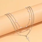 Elegant Layered Necklace with Retro Imitation Pearl Cross Pendant - Perfect Gift for Women