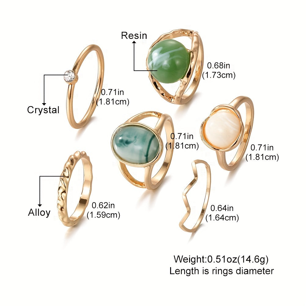 6 Pcs Oval Green Gemstone Geometric Metal Ring Kit,Gift For Women Girls