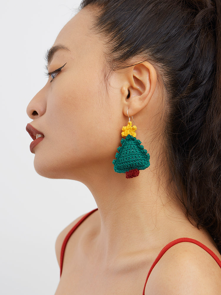 LB Handmade Ear Clip Crocheted Christmas Green Gift Lovely Earrings LOJL2