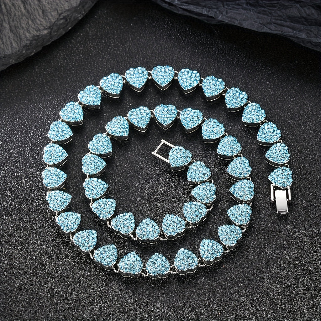 1pc Iced Out Blue Pink Heart Necklace Men Girls Women Hip Hop Alloy Rhinestone Golden Silvery Chain Mother's Day Jewelry Gift