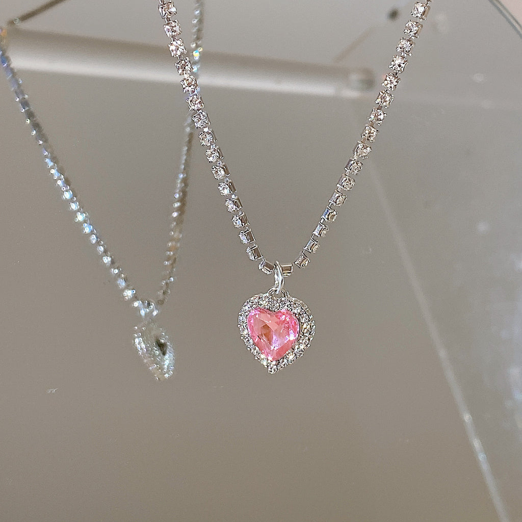 Y2K Style Pink Love Heart Zircon Necklace Punk Design Ear Decoration For Women Girls