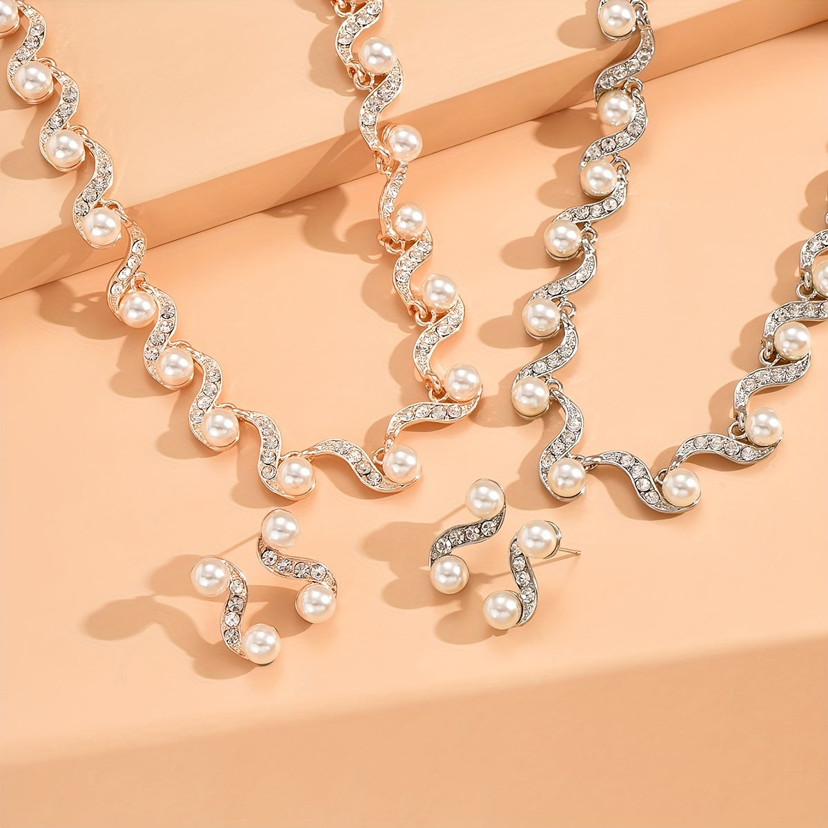 Make a Statement on Your Big Day with this Bridal Jewelry Set - Wave Shape Choker Necklace and Drop Earrings with Inlaid Faux Pearls, Perfect for Prom Party