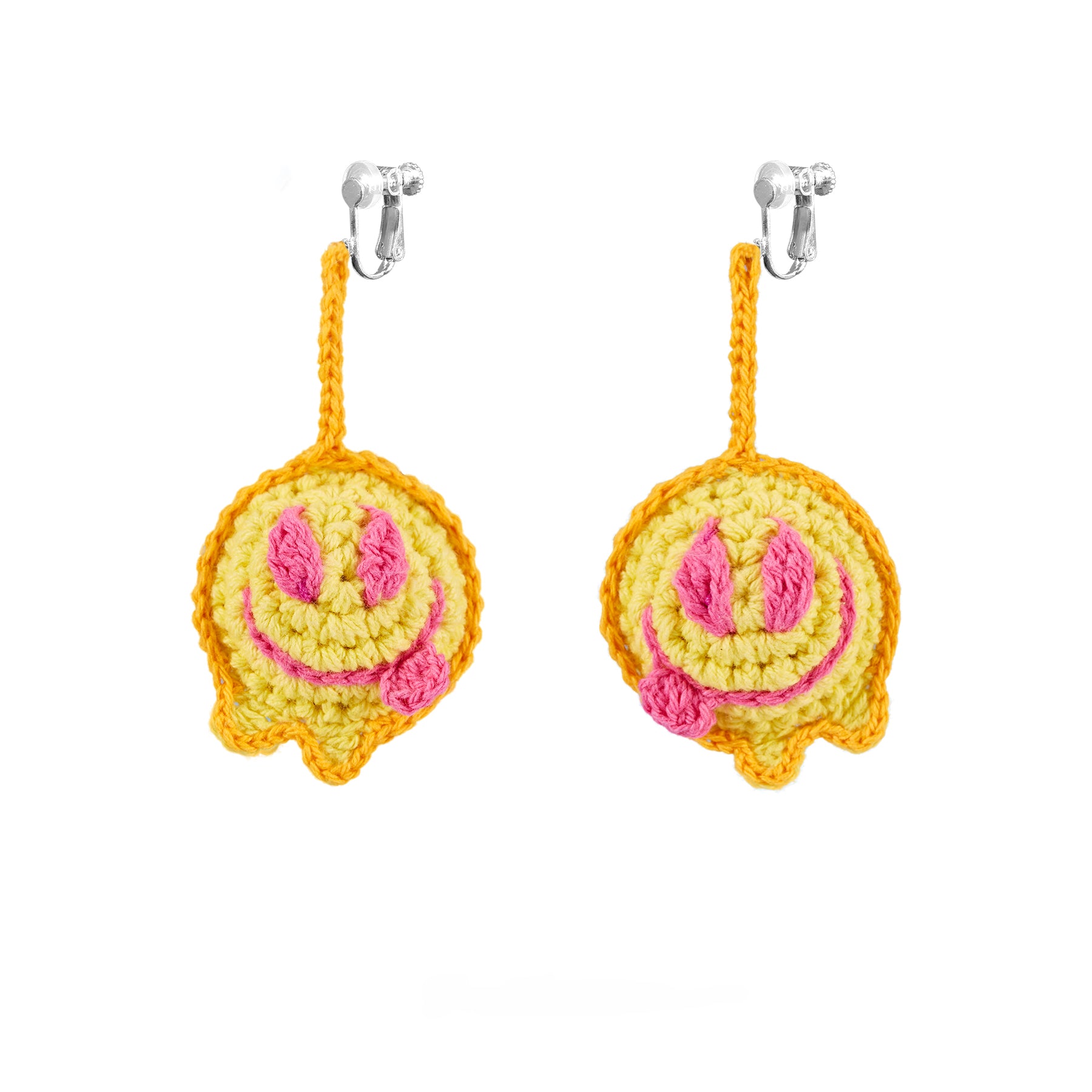 LB Hand Crochet "Funny Smiling Face" Earrings Long Ear Clip LOJL100