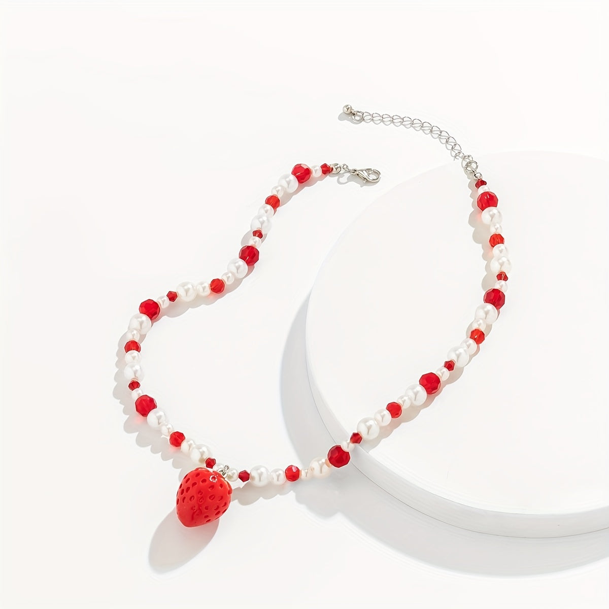 Strawberry Pendant Necklace With Faux Pearl Crystal Beads, Cute Fruit Design Gift Accessories Ornament