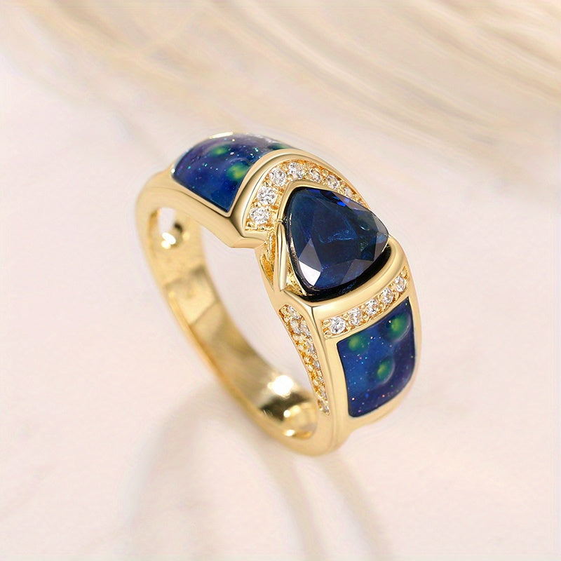 Exquisite Vintage 18k Gold Hollow Women Ring with Triangle Cut Sea Blue Crystal and Small Zircon - Perfect for Weddings, Bridesmaid Parties and Gifts