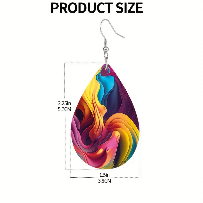 Colorful Streamer Print Teardrop Dangle Earrings Bohemian Style PU Leather Jewelry Exquisite Gift For Women Girls