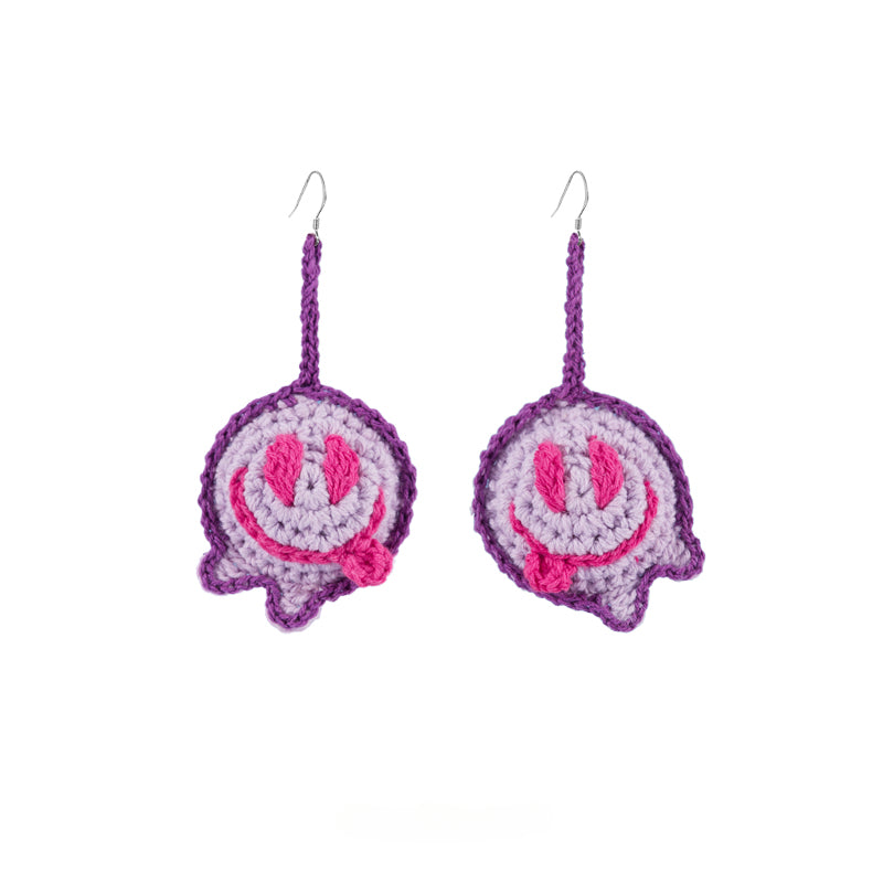 LB Hand Crochet "Funny Smiling Face" Earrings Long Ear Clip LOJL100