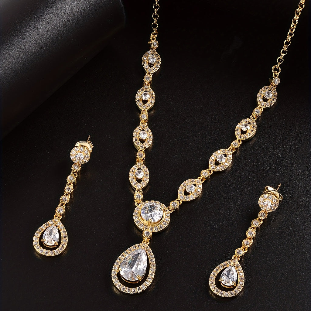 Elegant Water Drop Zircon Jewelry Set - 18K Gold Plated Earrings and Necklace for Women and Girls