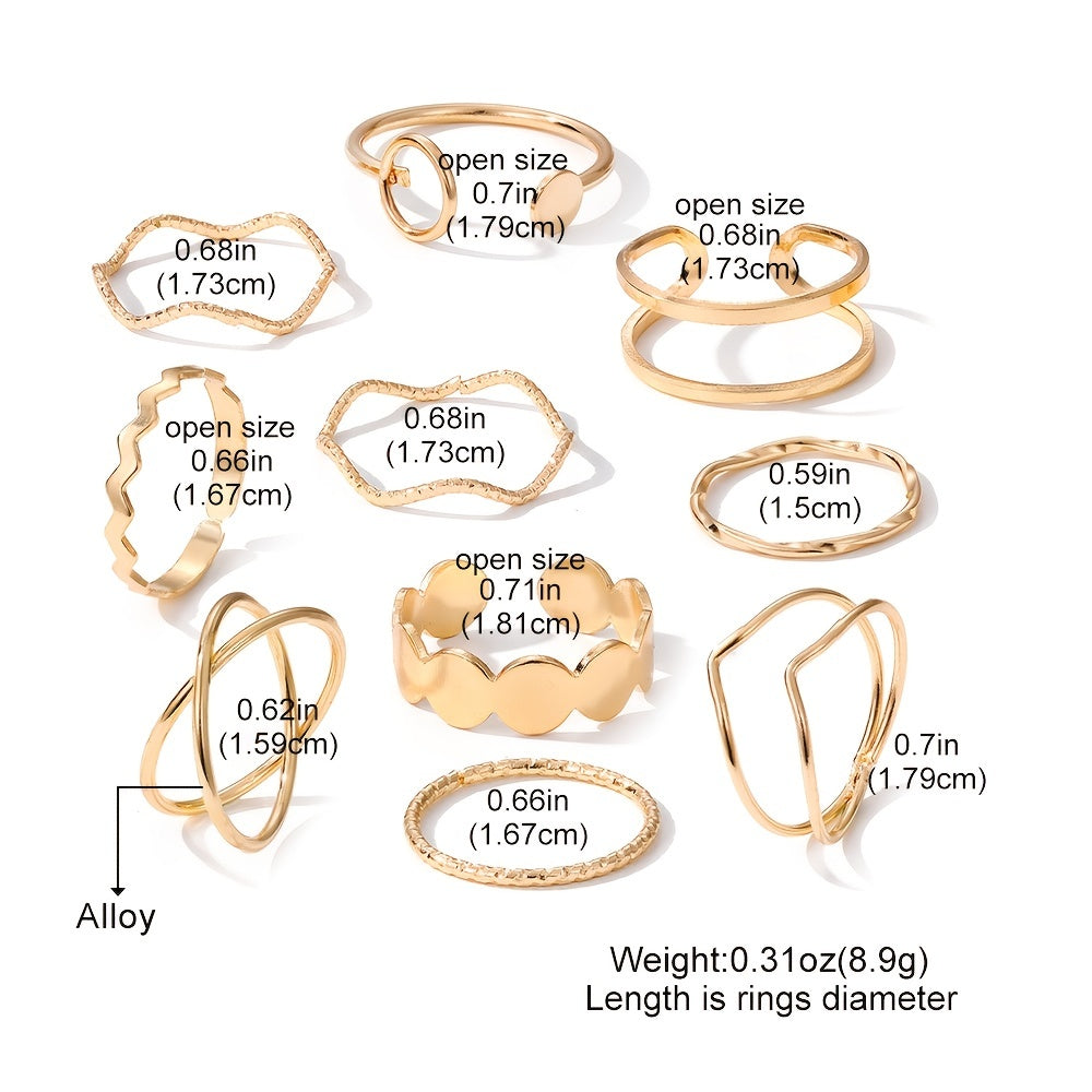 Complete Your Look with 10pcs Vintage Golden and Silvery Wavy Cross Circle Finger Rings Set for Daily Wear