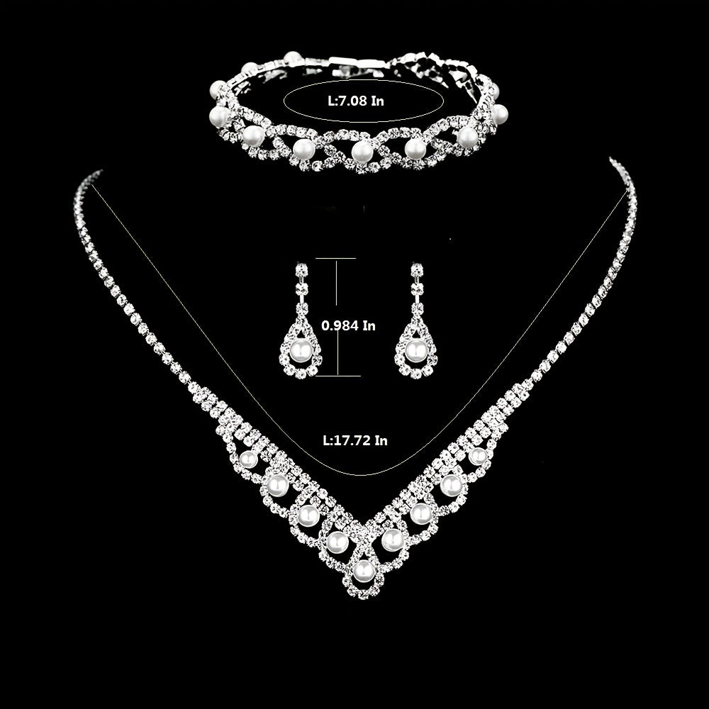 Elegant Faux Pearl Wedding Jewelry Set for Women - V-Shape Necklace, Drop Earrings, and Chain Bracelet - Shiny and Stylish Accessories for Brides and Girls