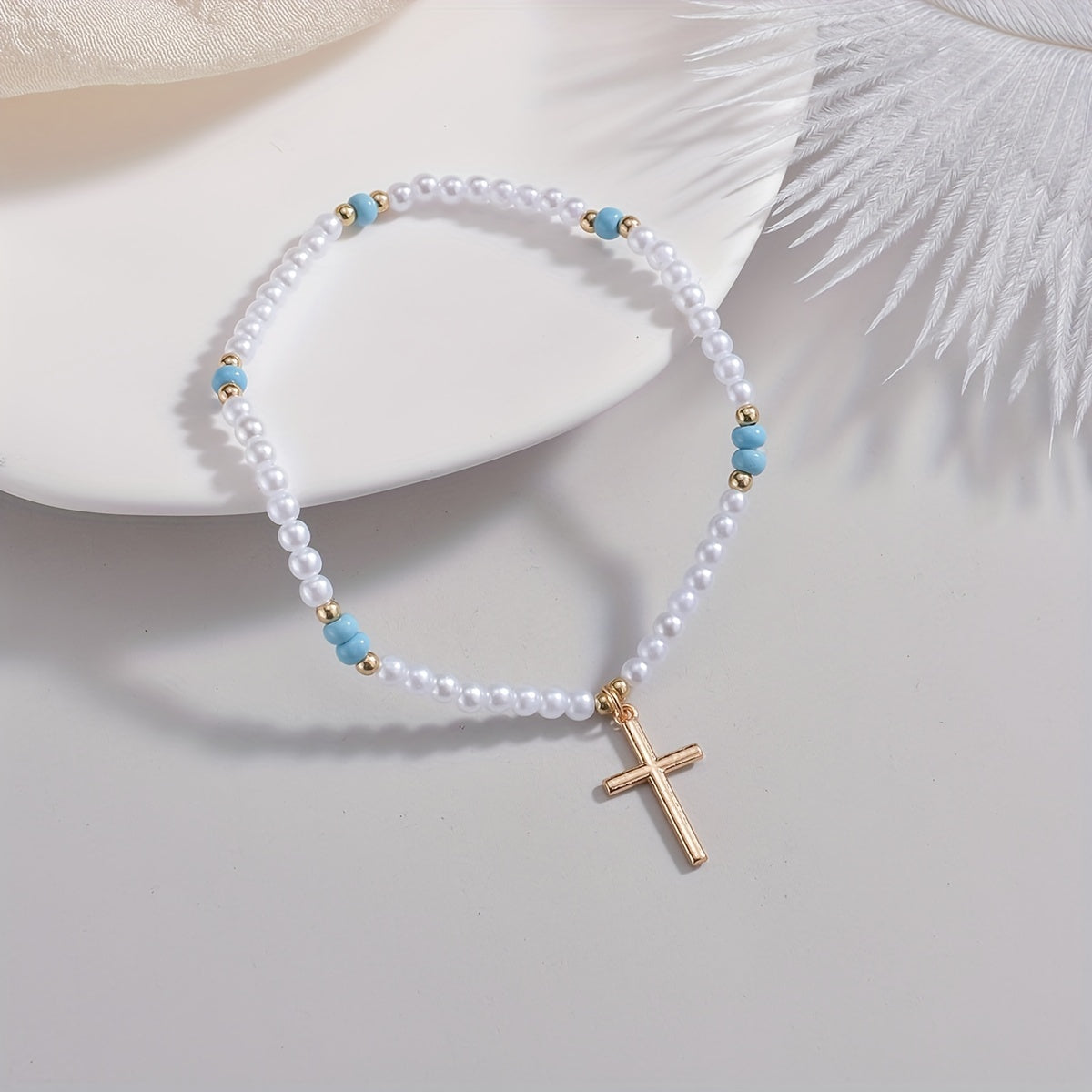 Cross Shape Pendant Beaded Anklet With Mini Faux Pearls Beads Elegant Ankle Bracelet For Women Girls