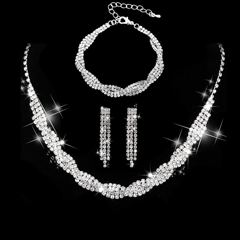 Twisted Wave Shape Jewelry Set With Choker Necklace & Dangle Earrings / Bracelet Bridesmaid Crystal Jewelry For Women And Girls