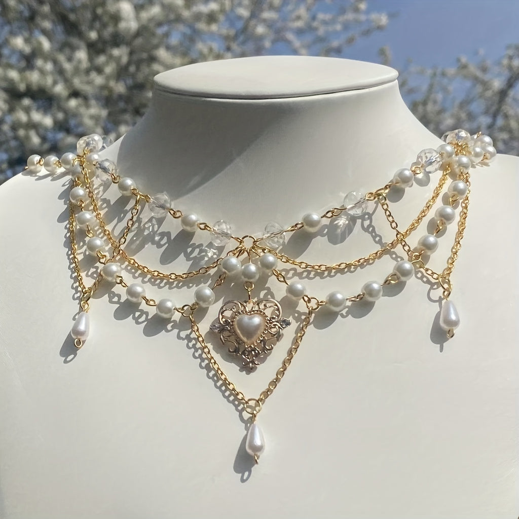 Baroque Vintage Multilayer Tassel Crystal Hollow Love Heart Pendant With Teardrop Shape Faux Pearl Necklace, Women's Holiday Accessories