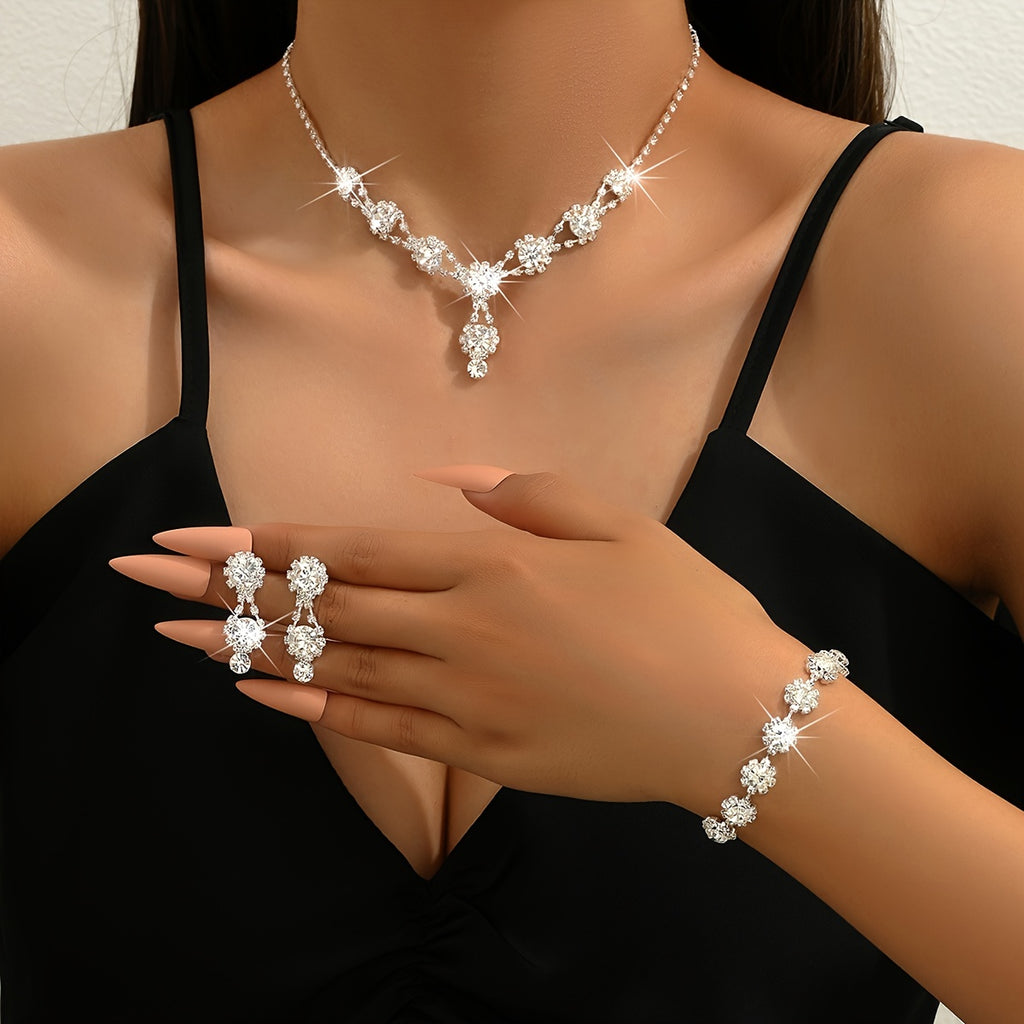 4pcs Necklace Bracelet Plus Earrings Elegant Jewelry Set Silver Plated Inlaid Rhinestone Engagement Wedding Jewelry Evening Party Decor
