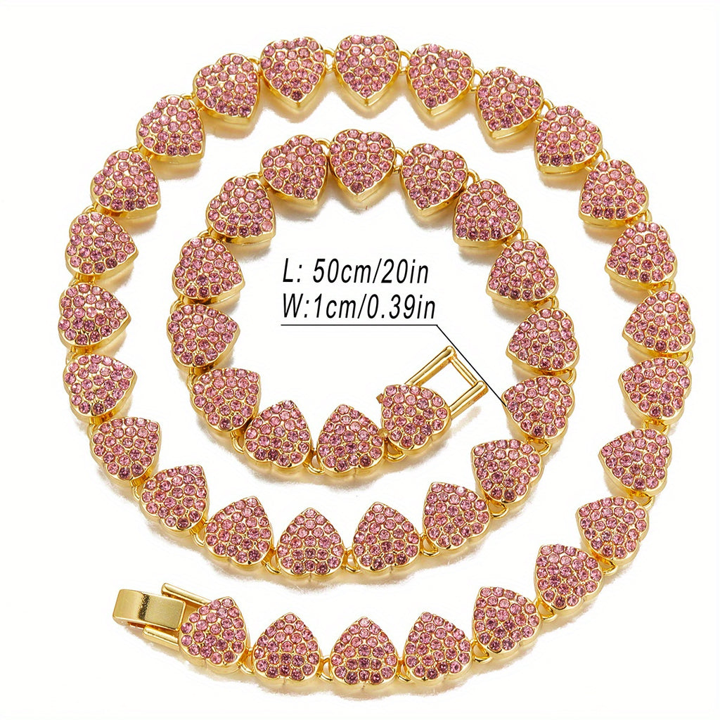 1pc Iced Out Blue Pink Heart Necklace Men Girls Women Hip Hop Alloy Rhinestone Golden Silvery Chain Mother's Day Jewelry Gift