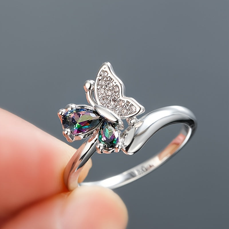 Gorgeous Platinum Butterfly Ring with Mystic Rainbow Zircon Crystals