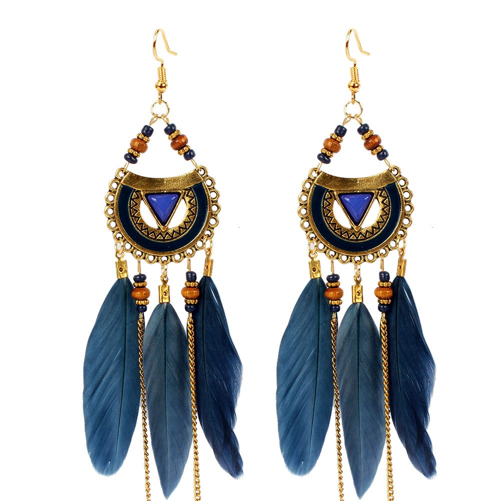 Boho Style Feather Drop Earrings for Summer Beach Surfing Jewelry