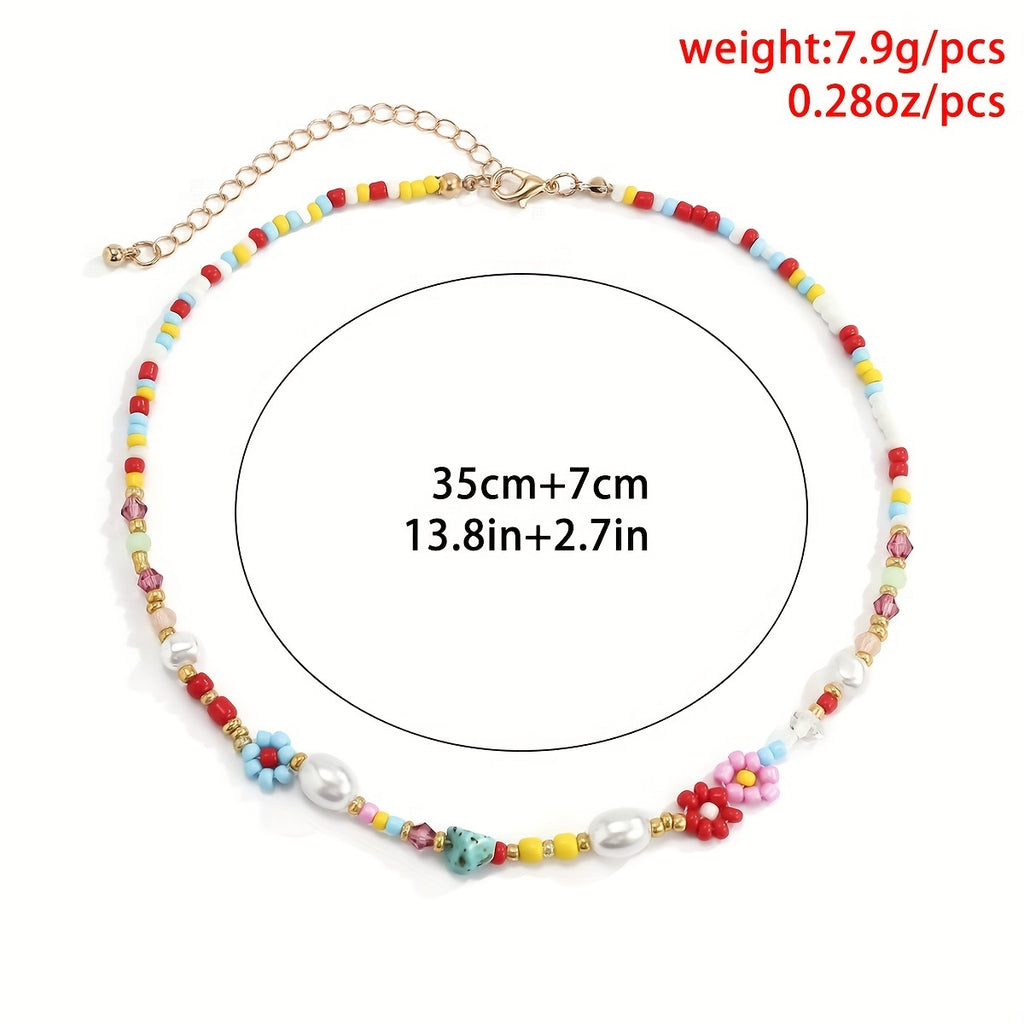 Vintage Flower Decor Beaded Necklace - Handmade Colorful Clavicle Chain Rainbow Seed Beads Imitation Pearl Necklace