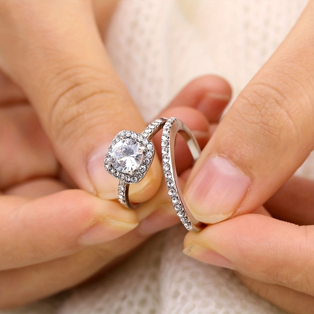 2 Pcs Stackable Finger Ring Inlaid Shiny Rhinestones Bridal Wedding Ring Jewelry