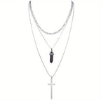 Punk Metal Style Alloy Cross Rhombus Gemstone Pendant Multilayer Stacking Necklace For Women