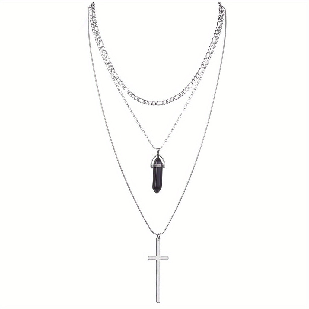 Punk Metal Style Alloy Cross Rhombus Gemstone Pendant Multilayer Stacking Necklace For Women