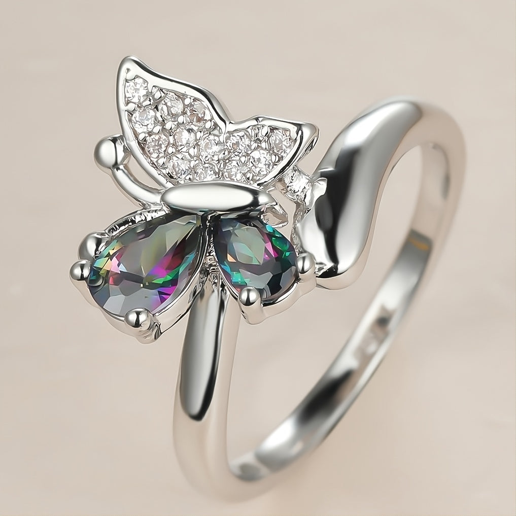 Gorgeous Platinum Butterfly Ring with Mystic Rainbow Zircon Crystals