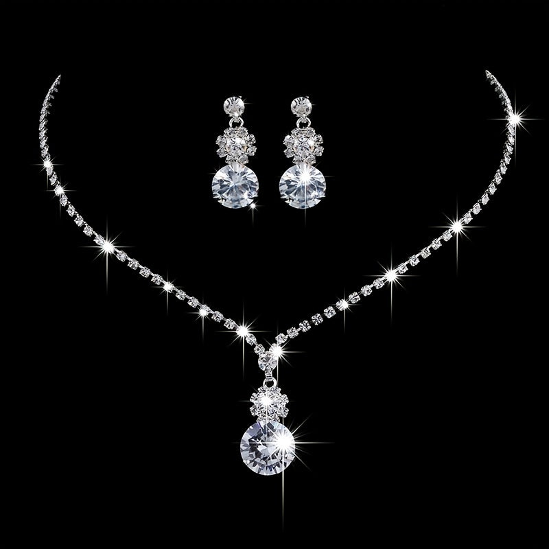 Elegant Flower-Shaped Rhinestone Jewelry Set with Shiny Round-Cut Zircon Pendant Necklace and Dangle Earrings - Perfect for Weddings, Proms, and Special Occasions